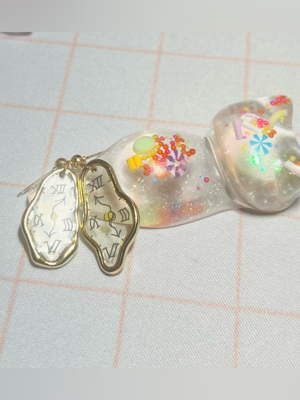 Surreal Melting Clock Gold-Frame Drop Earrings in White